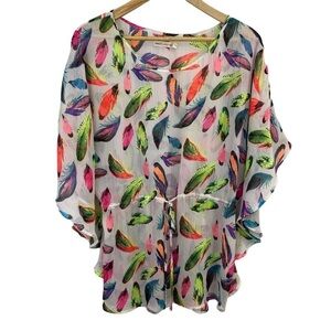M4EO Fun Feather Tunic Top Women’s L Multicolour Semi-Sheer Neon Festival Bright